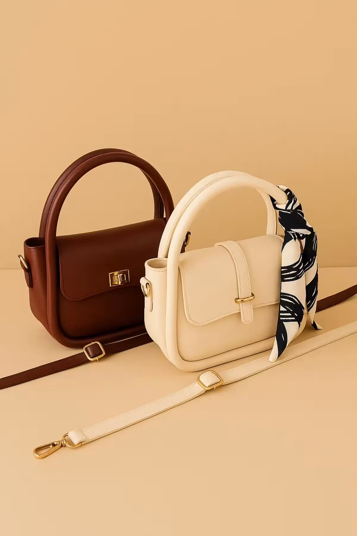 ست کیف دستی و کراس بادی دو تکه با فندقی، کرم - 9274