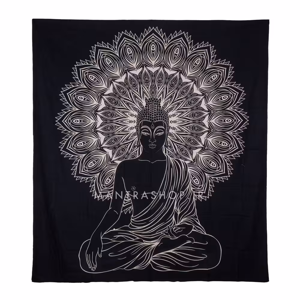 بکدراپ تپستری هندی طرح بودا سیاه و سفید (روتختی دو نفره) کد 327