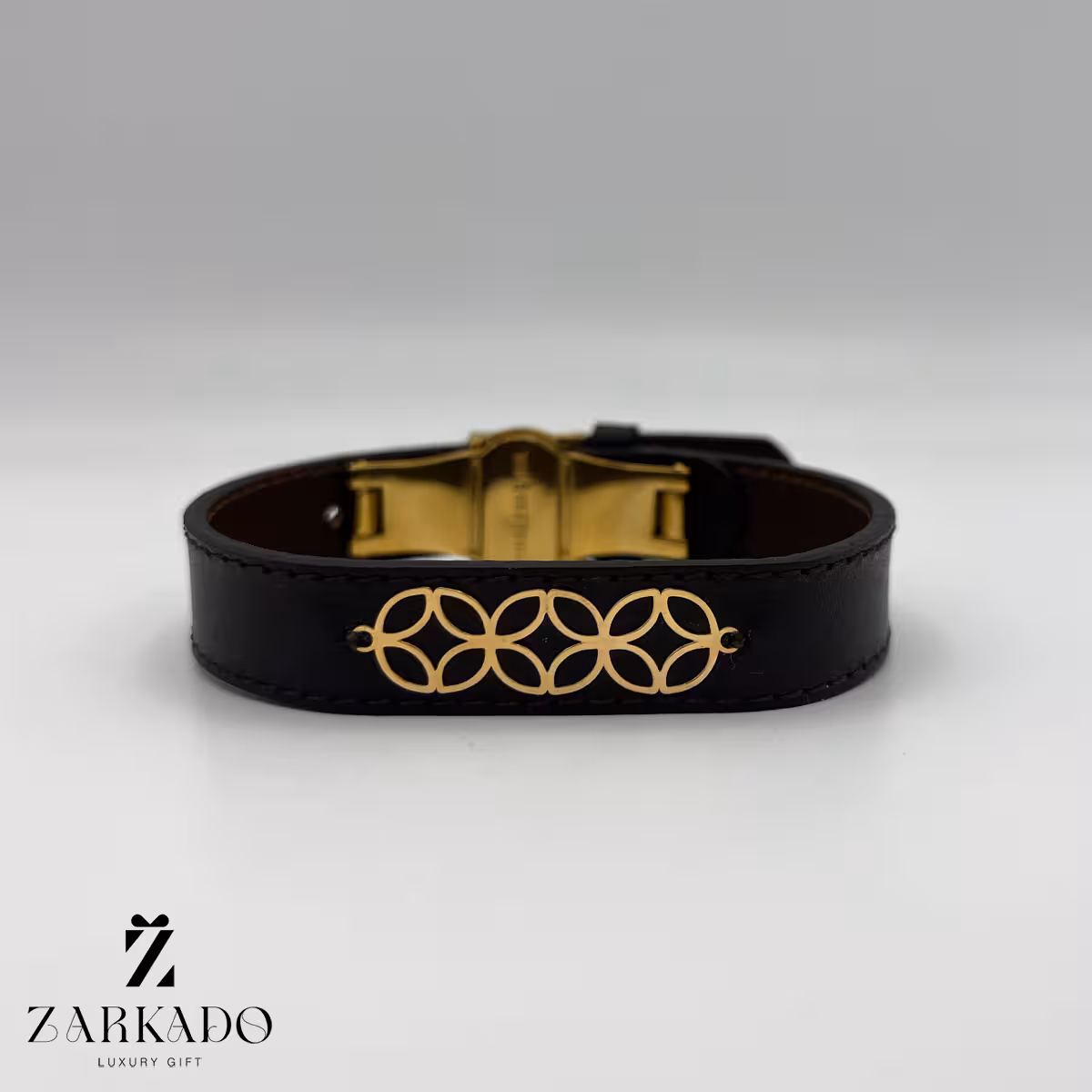 دستبند چرم با پلاک طلا طرح اسلیمی کد B8739