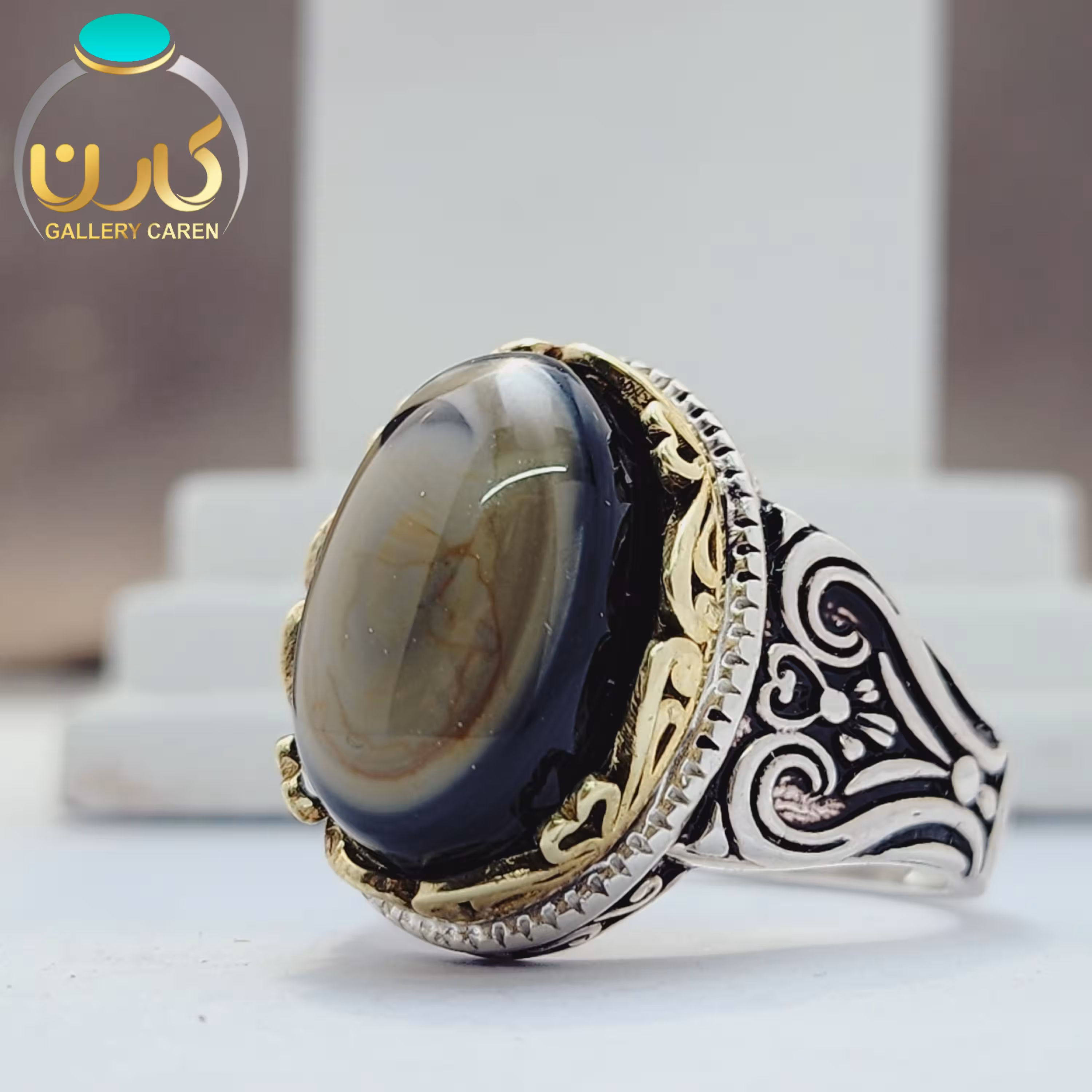 نگین عقیق سه پوست یمنی اصل و معدنی با رکاب نقره مردانه 