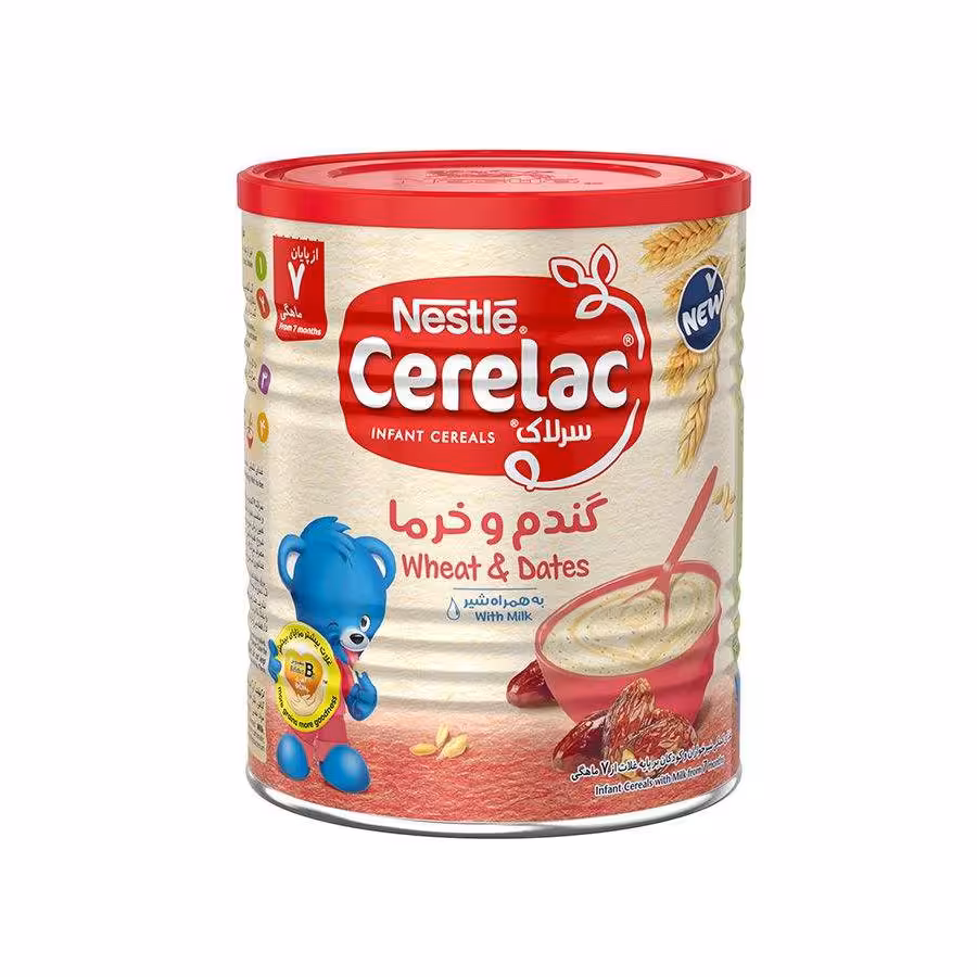 سرلاک گندم و خرما به همراه شیر نستله مناسب کودکان از پایان 7 ماهگی 400 گرم
