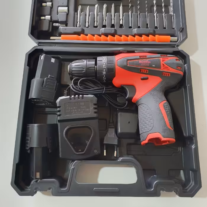 دریل شارژی چکشی 12 ولت دو باطری لوازم دار باس پلاس BOSS PLUS