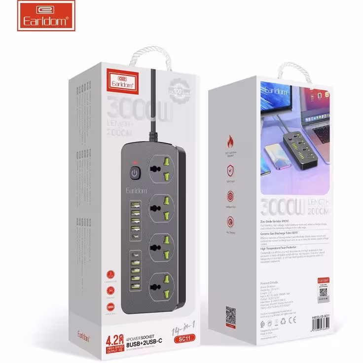 چند راهی 4 خانه برق ارت دار ارلدام ES-SC11 با کابل 2 متری شارژر USB و Type-C