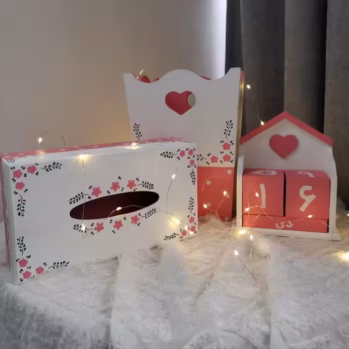 ست سطل اشغال و جا دستمال کاغذی و تقویم چوبی