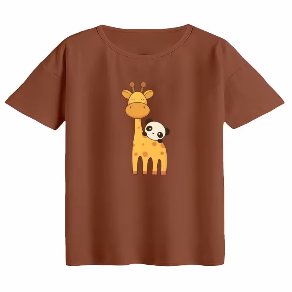 تی‌شرت  اورسایز آستین کوتاه زنانه مدل باکسی طرح زرافه کد 1 رنگ دارچینی