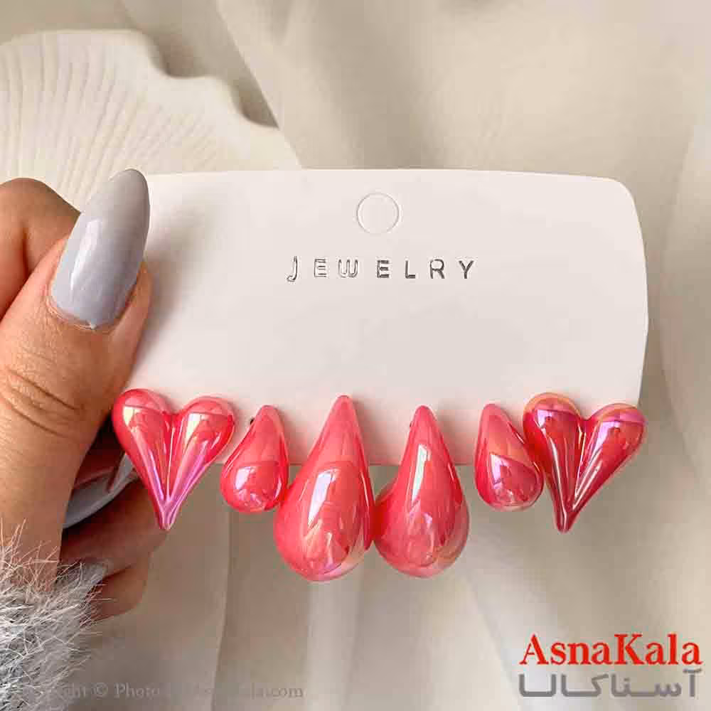 گوشواره زنانه استیل پک 3 جفتی مدل قلب و اشک فانتزی رنگ صورتی کد GSH151920W