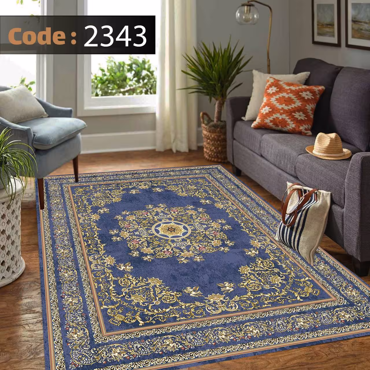 کاورفرش روفرشی دورکشدار گوشه لیفه ای لاکی ، آبی و متنوع کد 2343