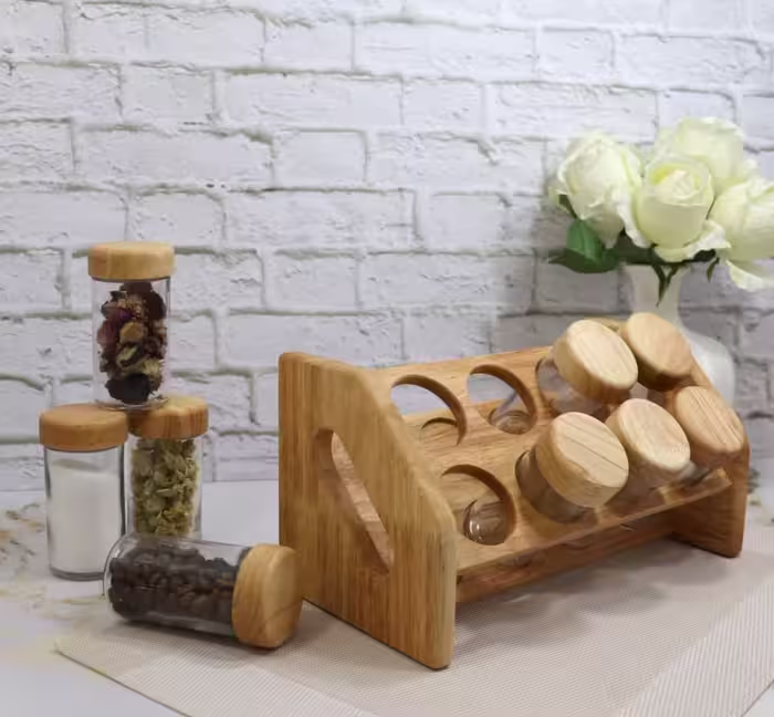 ست جا ادویه 8 عددی پایه کج چوبی