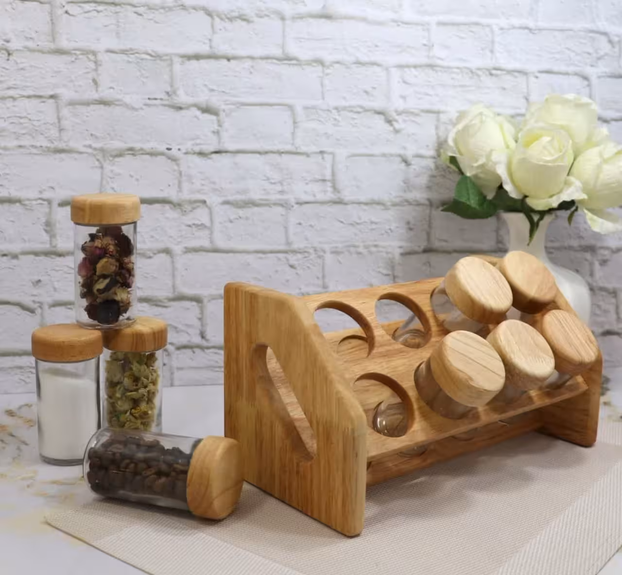 ست جا ادویه 8 عددی پایه کج چوبی