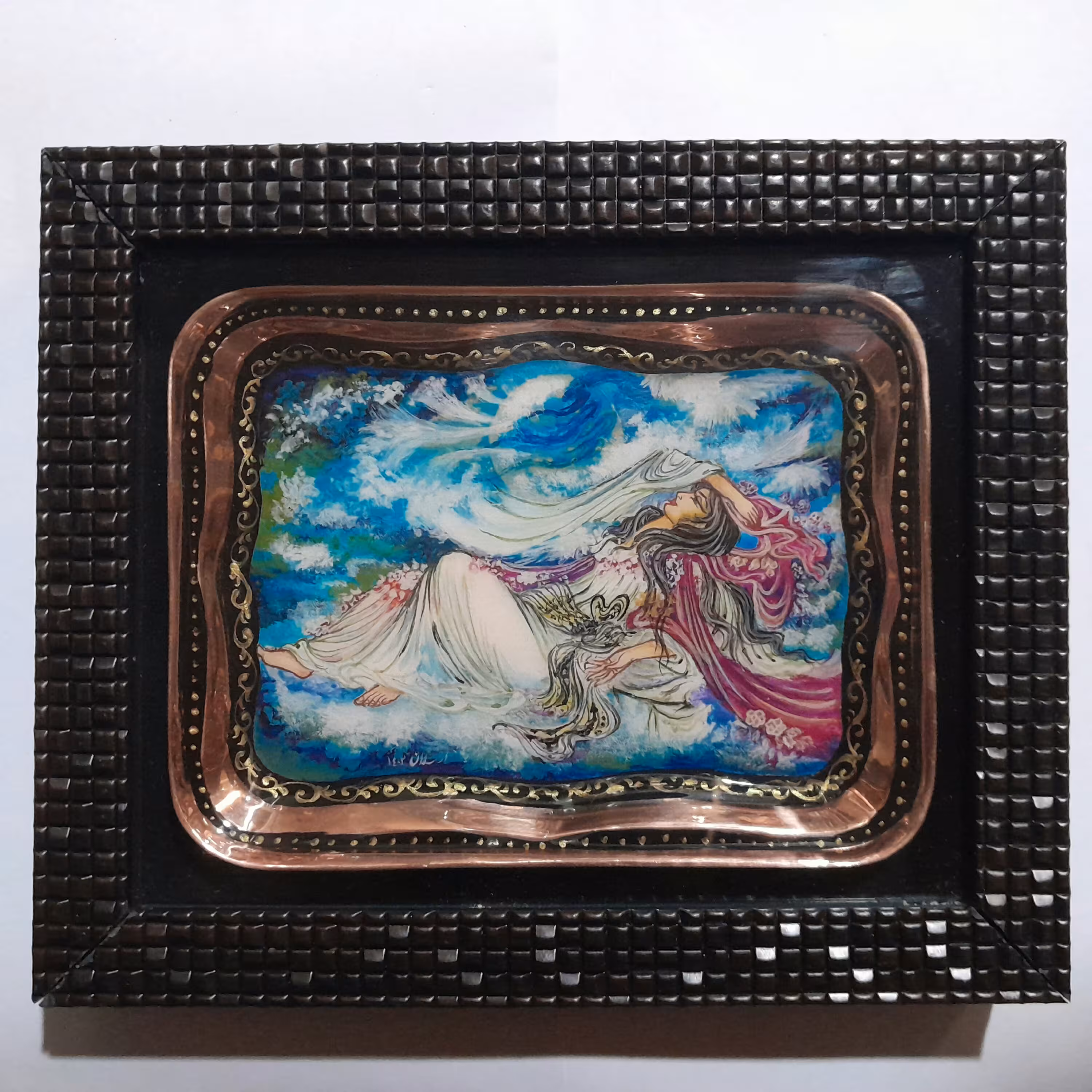 قاب مینیاتور زیبا ( سینی مسی نقاشی شده طرح فروغ امید ابعاد 18 در 21 cm )