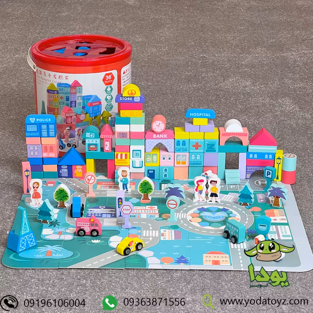بلوک خانه سازی چوبی سطلی 108 قطعه با فرش بازی jltoys139