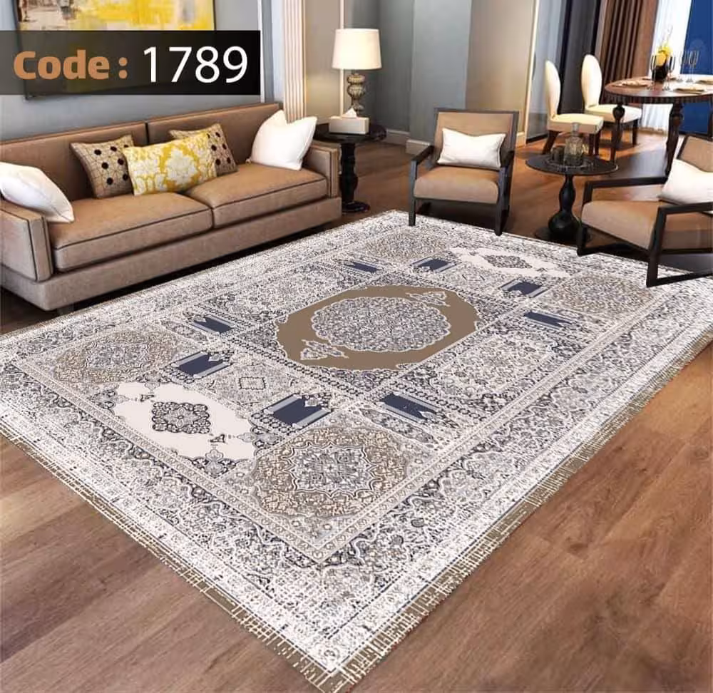 کاورفرش روفرشی دورکشدار گوشه لیفه ای کرم  قهوه ای کد 1789