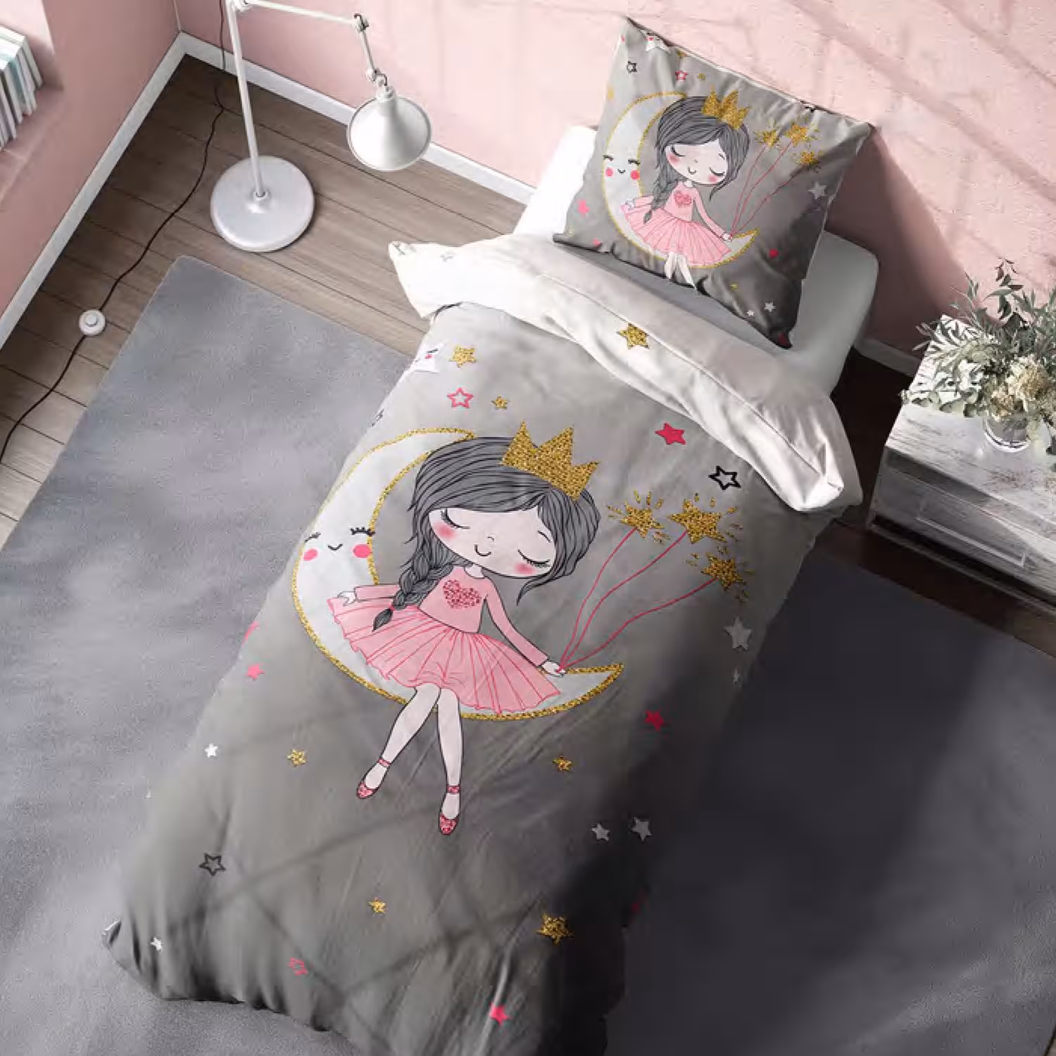 سرویس خواب کد M-8005 طرح ماه و دختر یکنفره 4 تکه