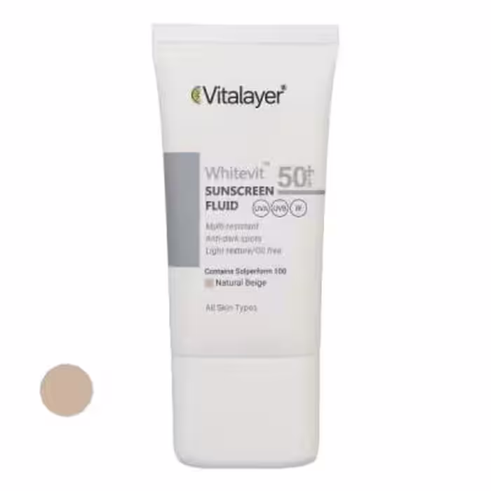 فلوئید ضد آفتاب رنگی ویتالیر SPF 50 مدل Whitevit مناسب انواع پوست حجم 50 میلی لیتر