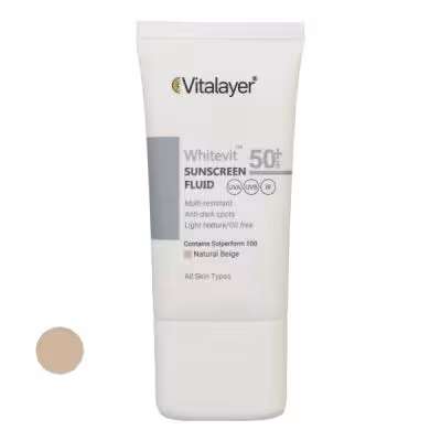 فلوئید ضد آفتاب رنگی ویتالیر SPF 50 مدل Whitevit مناسب انواع پوست حجم 50 میلی لیتر