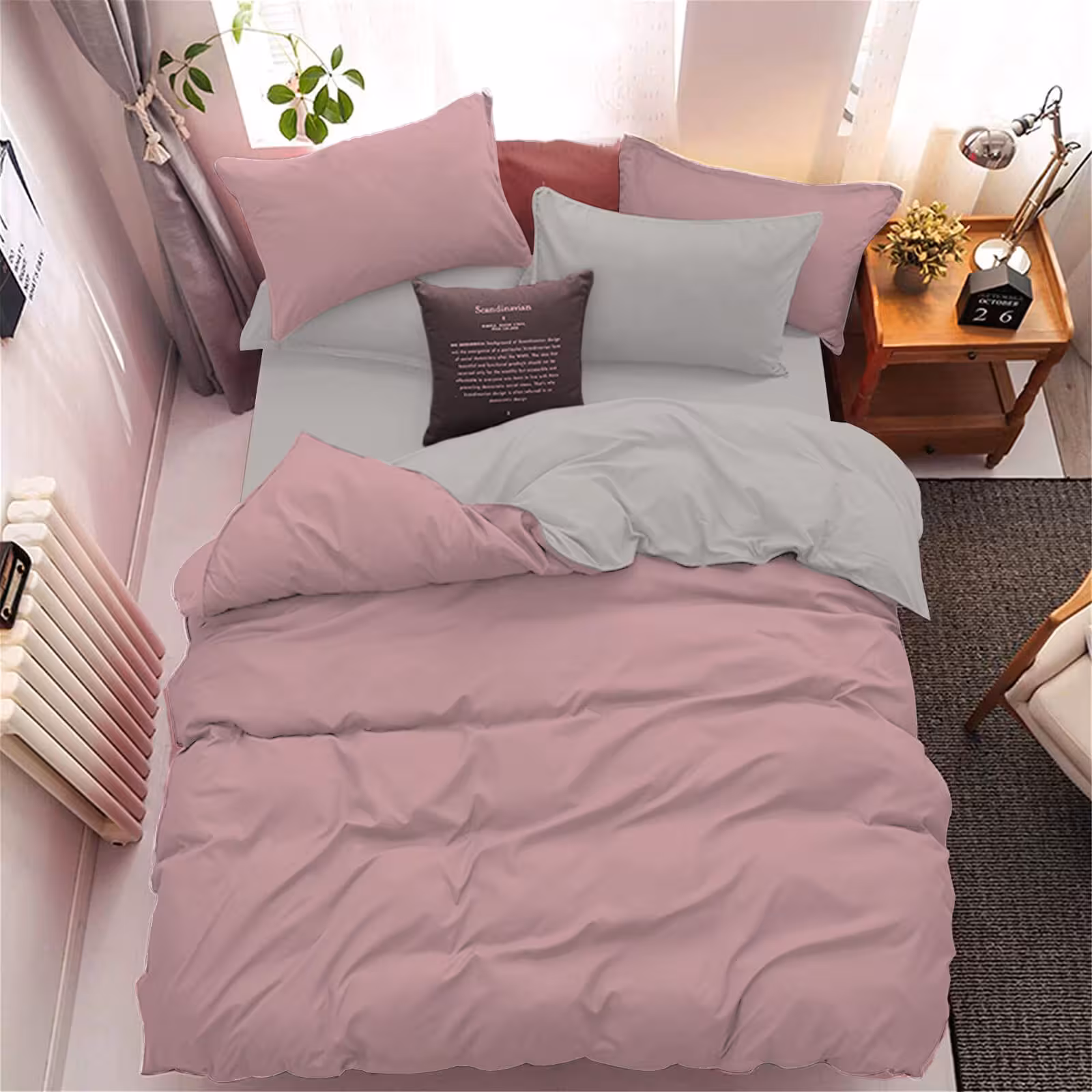 سرویس روتختی کاوری دورنگ چیداری طوسی صورتی یک نفره سه تکه