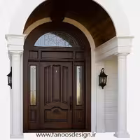 درب ورودی چوبی کلاسیک قوسی با شیشه دکوراتیو و سایدلایت کد 30207