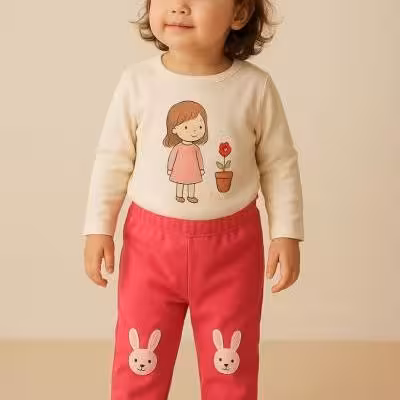 شلواردورو پنبه دخترانه با تیکه دوزی خرگوش 1سال و3سال