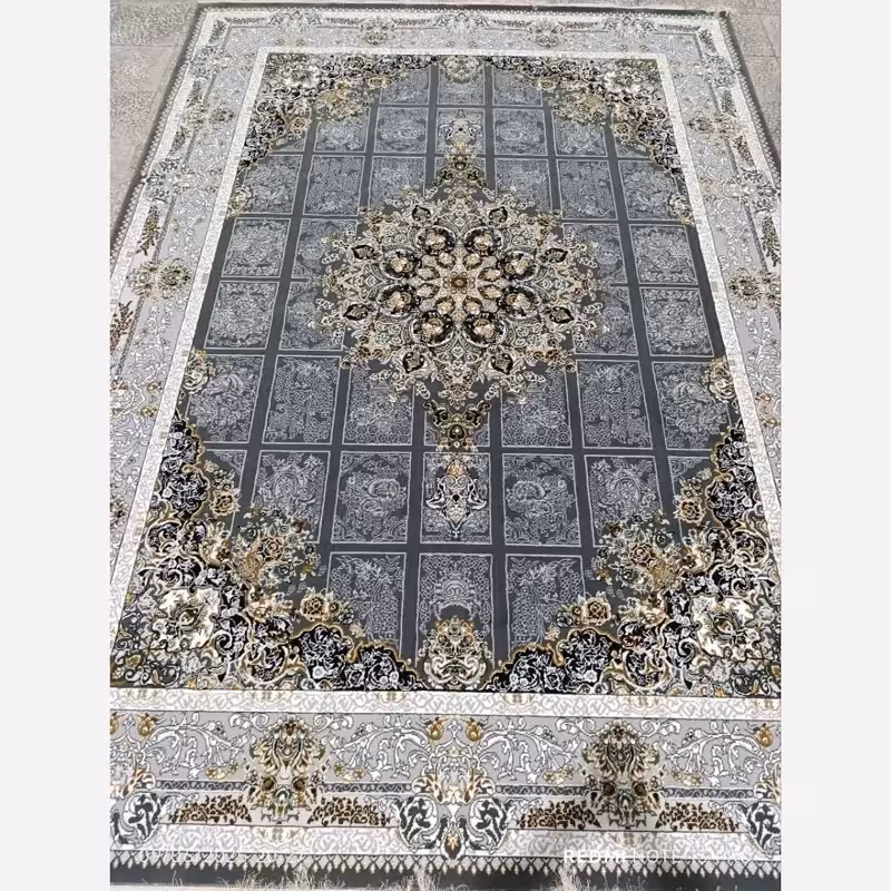 فرش 12متری ماشینی جدید کاشان نقشه زیبای رومینا دودی بافت نرم و زیبا