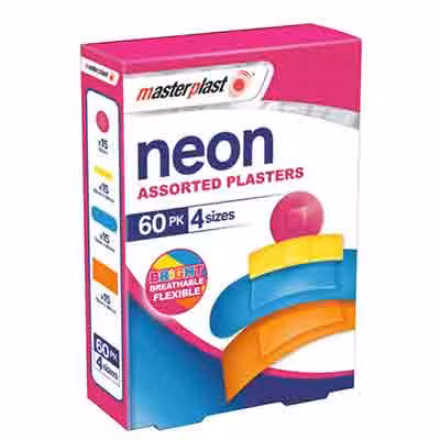 چسب زخم بریتانیایی مسترپلاست Masterplast Neon Plasters ضد آب و انعطاف پذیردر چهار سایز بسته 60 عددی