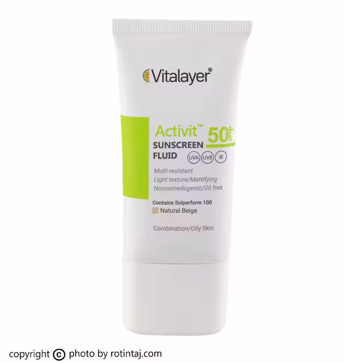 فلوئید ضد آفتاب اکتی ویت بژ طبیعی SPF50 ویتالیر،‌ فلوئید ضدافتاب پوست چرب بژ طبیعی Activit ویتالیر 50 میلی