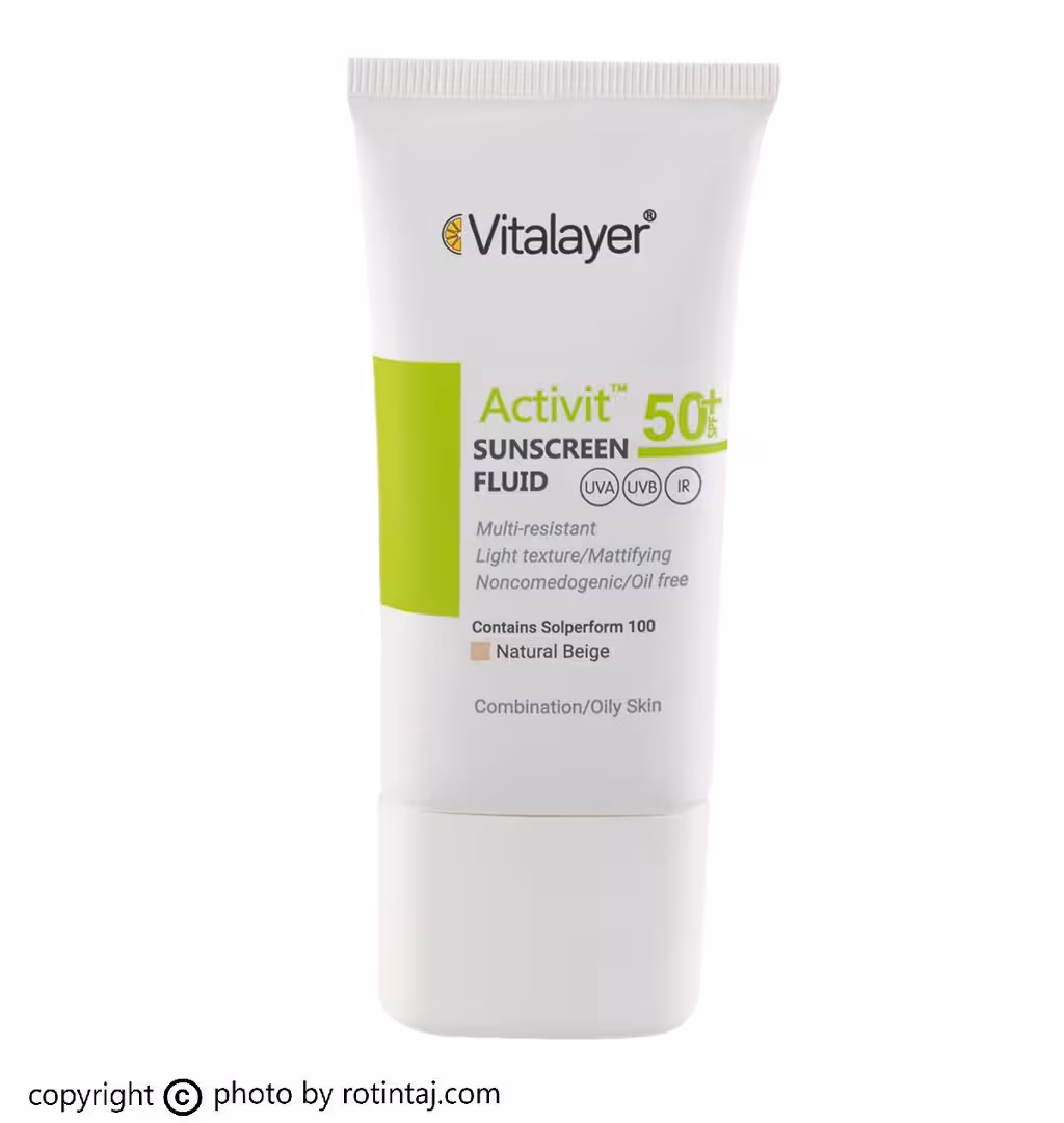 فلوئید ضد آفتاب اکتی ویت بژ طبیعی SPF50 ویتالیر،‌ فلوئید ضدافتاب پوست چرب بژ طبیعی Activit ویتالیر 50 میلی