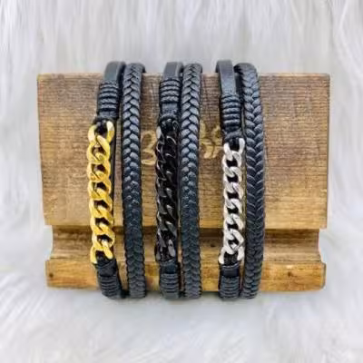 دستبند چرمی طرح بافت دو تیکه کاتیر دار