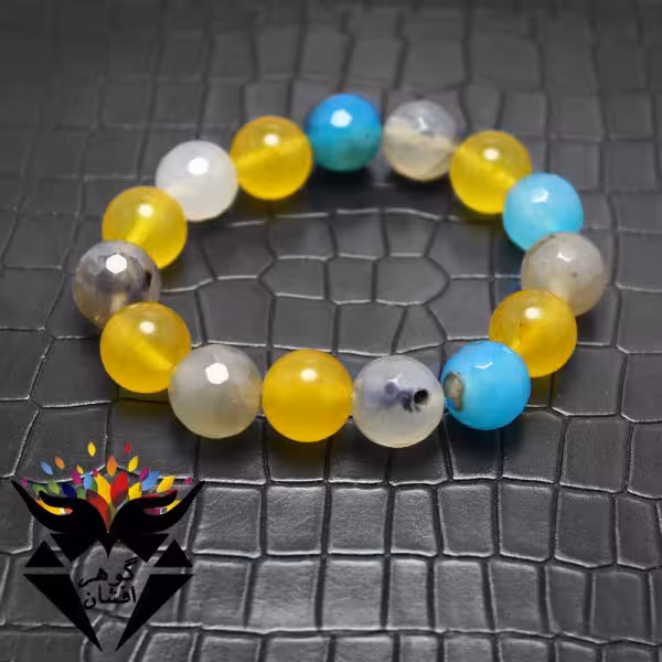 دستبند عقیق آبی و جید زرد اصل درشت تراش دار کد D_1768