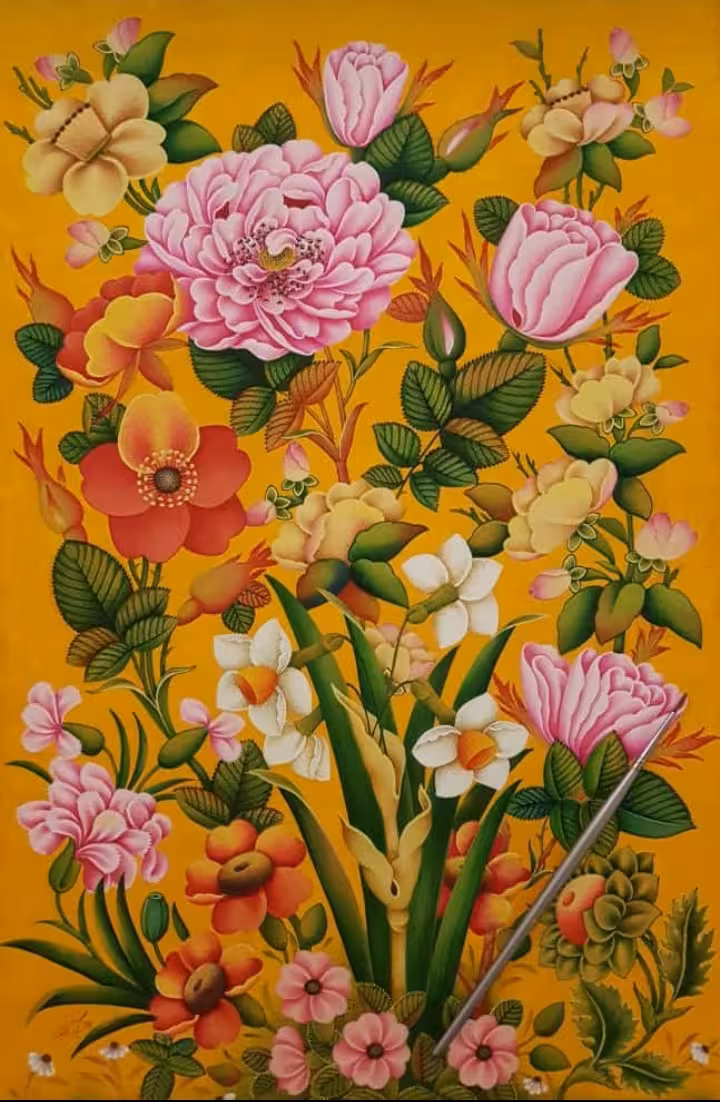 تابلو نقاشی نگارگری گل و مرغ کد 101751