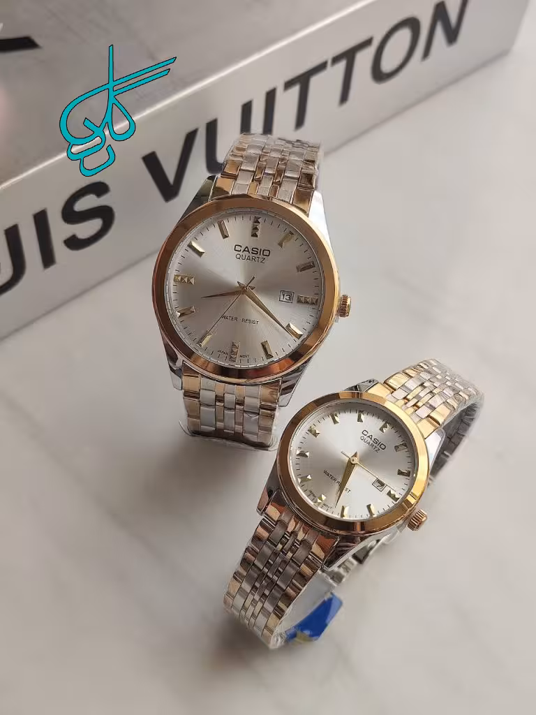 خرید ست ساعت زنانه و مردانه کاسیو کلاسیک استیل رنگ ثابت تقویم دار قفل ضامن دار کیفیت عالی کد 2117191 - ردگل