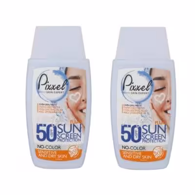 کرم ضد آفتاب بیرنگ پیکسل، با SPF50، مدل Sensitive، حاوی محافظ UVA ،UVB و    PA، فاقد گلیسیرین، حاوی ویتامین E و B ، مناسب پوستهای خشک و حساس، حجم 50 میلیلیتر مجموعه دو عددی