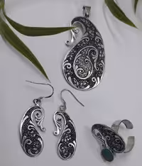 نیم ست نقره بته جقه ریزقلم با سنگ فیروزه نیشابور اصل کد 101140