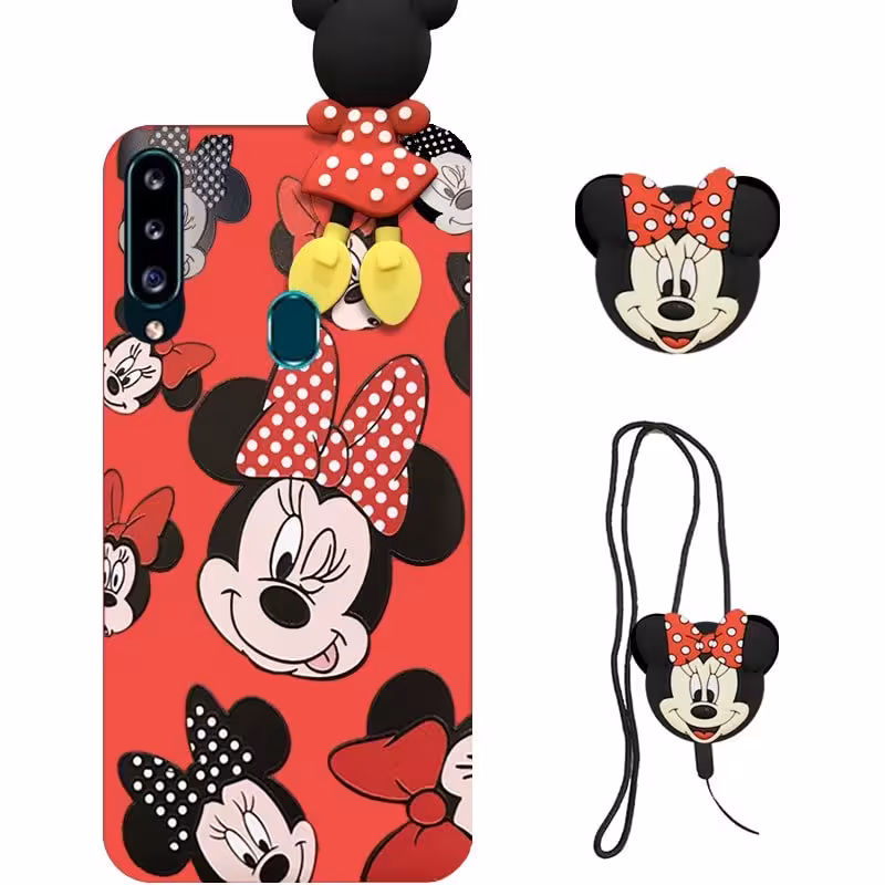 کاور دخترانه فانتزی طرح مینی موس مناسب برای گوشی Samsung Galaxy A20S همراه با ست پام پام و پاپ سوکت عروسکی سیلیکونی Disney Mickey Mouse Cute Case