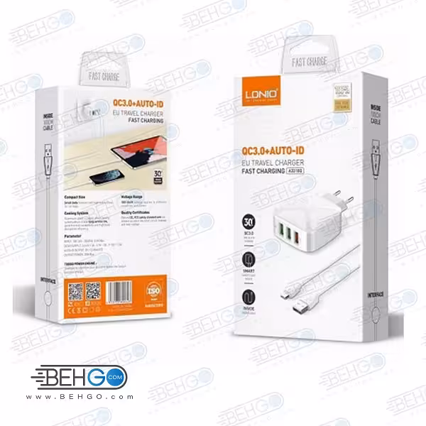 شارژر دیواری اصلی برند الدینیو مدل LDNIO A3310Q به همراه کابل میکرو LDNIO A3310Q DUAL USB CHARGER WITH ANDROID CABLE