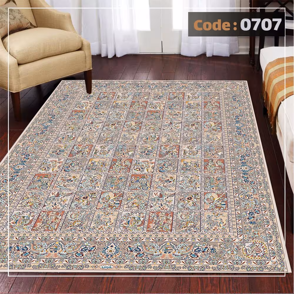 کاورفرش روفرشی دورکشدار گوشه لیفه ای لاکی ، آبی و متنوع کد 0707