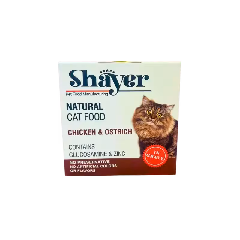 کنسرو گربه بالغ مدل نچرال طعم مرغ و شترمرغ برند Shayer شایر 110 گرمی