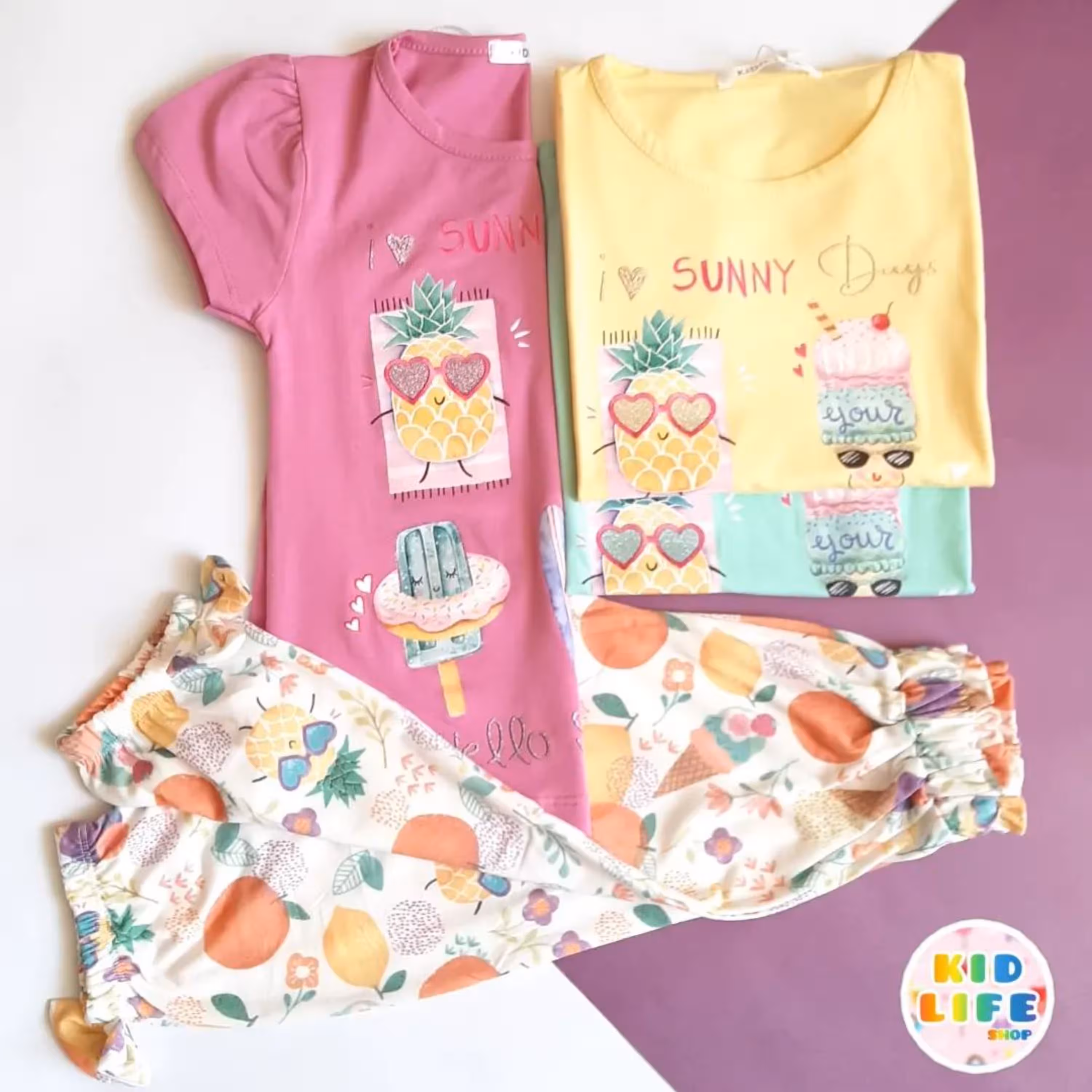 بلوز شلوارک برمودا طرح بستتی آناناس سن 5 تا 10 سال جنس نخ پنبه