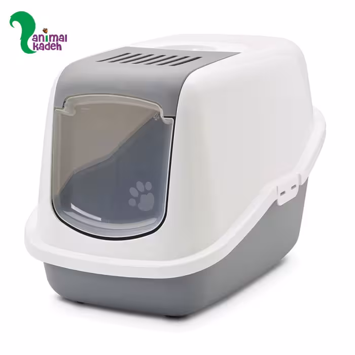 توالت و باکس خاک گربه مسقف بزرگ با درب تاشو برند ساویک (سفید و طوسی)