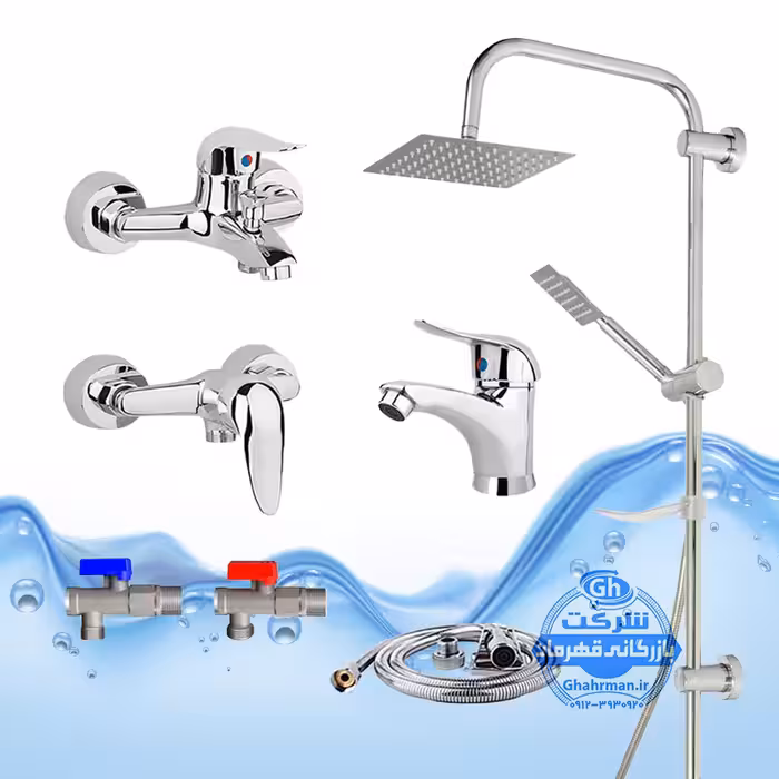 ست 8 عددی شیرآلات برند آیدا صنعت مدل قهرمان اردکی | شیر روشویی   حمام   توالت   علم دوش یونیورست صفحه استیل   شلنگ توالت   2 عدد شیر پیسوار | کروم براق