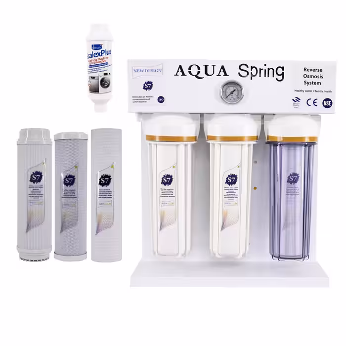 دستگاه تصفیه کننده آب آکوآ اسپرینگ مدل RO-S7-WZ 7550 به همراه فیلتر مجموعه سه عددی و رسوبگیر اسکالکس پلاس