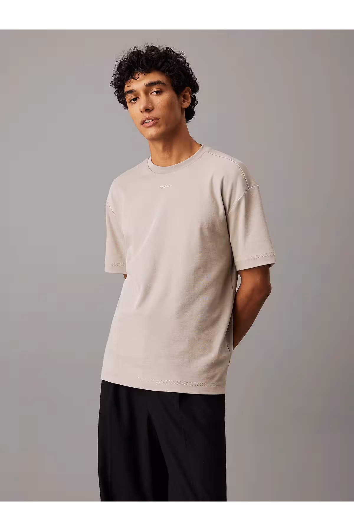 تی شرت نود مردانه آرم آستین کوتاه پنبه بژ RAJ Calvin Klein
