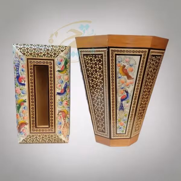 ست سطل و کیلینکس خاتم کاری مدل گل و مرغ چوبی