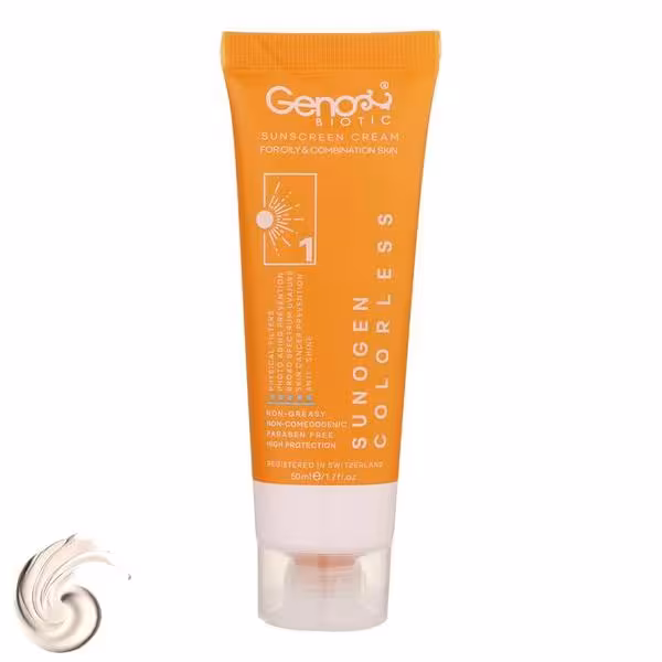 ضدآفتاب فاقد چربی بی رنگ Genobiotic ژنوبایوتیک مدل SPF50 پوست چرب و مختلط