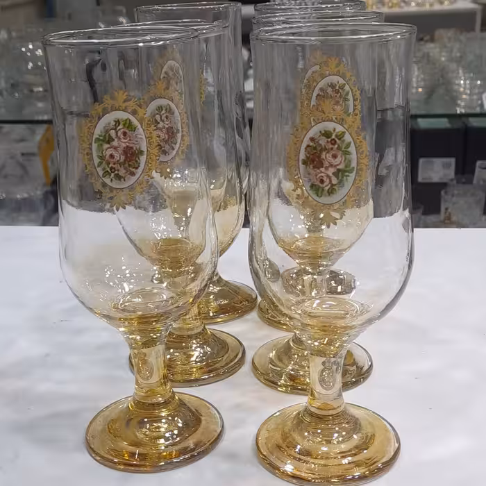 جام لیوانی بلند پایه کوتاه گلدار  بلور کف رنگی شیک جدید خاص