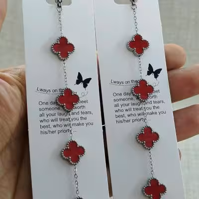 دستبند ونکلیف استیل نقره ای رنگ ثابت (قرمز)