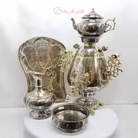 سماور برنجی زغالی 6 لیتری مدل جام، دسته خوشه ای، کله شیر خروسی مینیاتوری