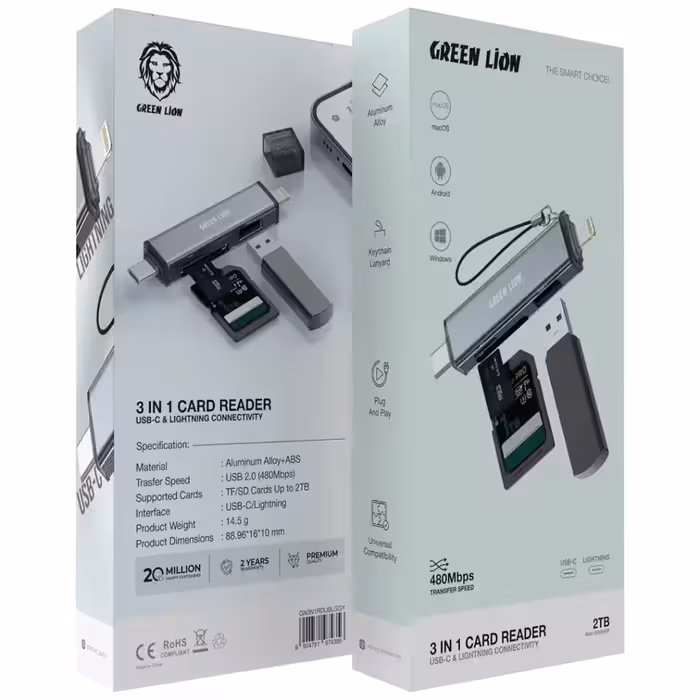 رم ریدر 3در1 با قابلیت اتصال USB-C و لایتنینگ گرین Green Lion 3in1 Card Reader with USB-C & Lightning Connectivity
