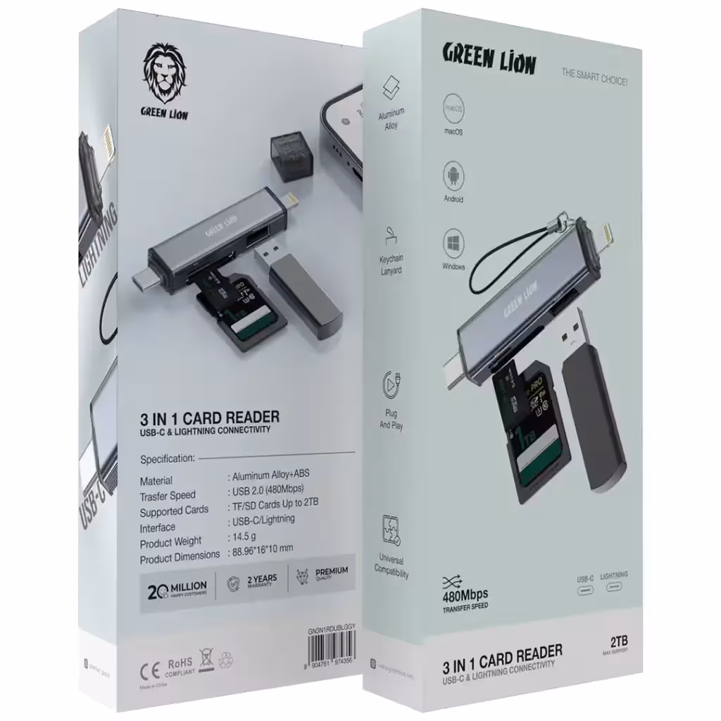 رم ریدر 3در1 با قابلیت اتصال USB-C و لایتنینگ گرین Green Lion 3in1 Card Reader with USB-C & Lightning Connectivity
