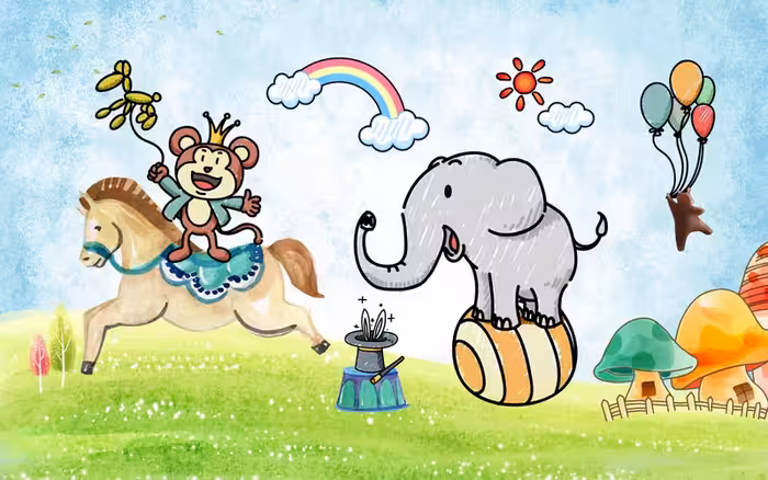پوستر دیواری کودکانه حیوانات سیرک و رنگین‌کمان