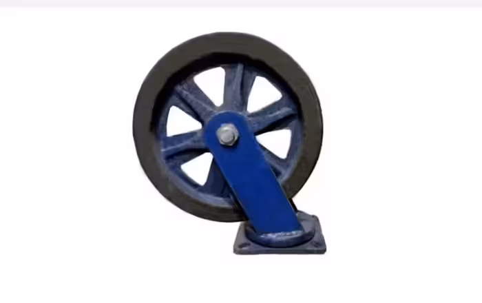 چرخ آهنی لاستیکی  (حمل بارهای سنگین در کارخانجات و انبارها-استفاده در ماشین‌آلات صنعتی و تجهیزات سنگین-استفاده در گاری‌های باربری و تجهیزات جابه‌جایی بار-سطوح سخت و صاف مانند بتن و آسفالت)